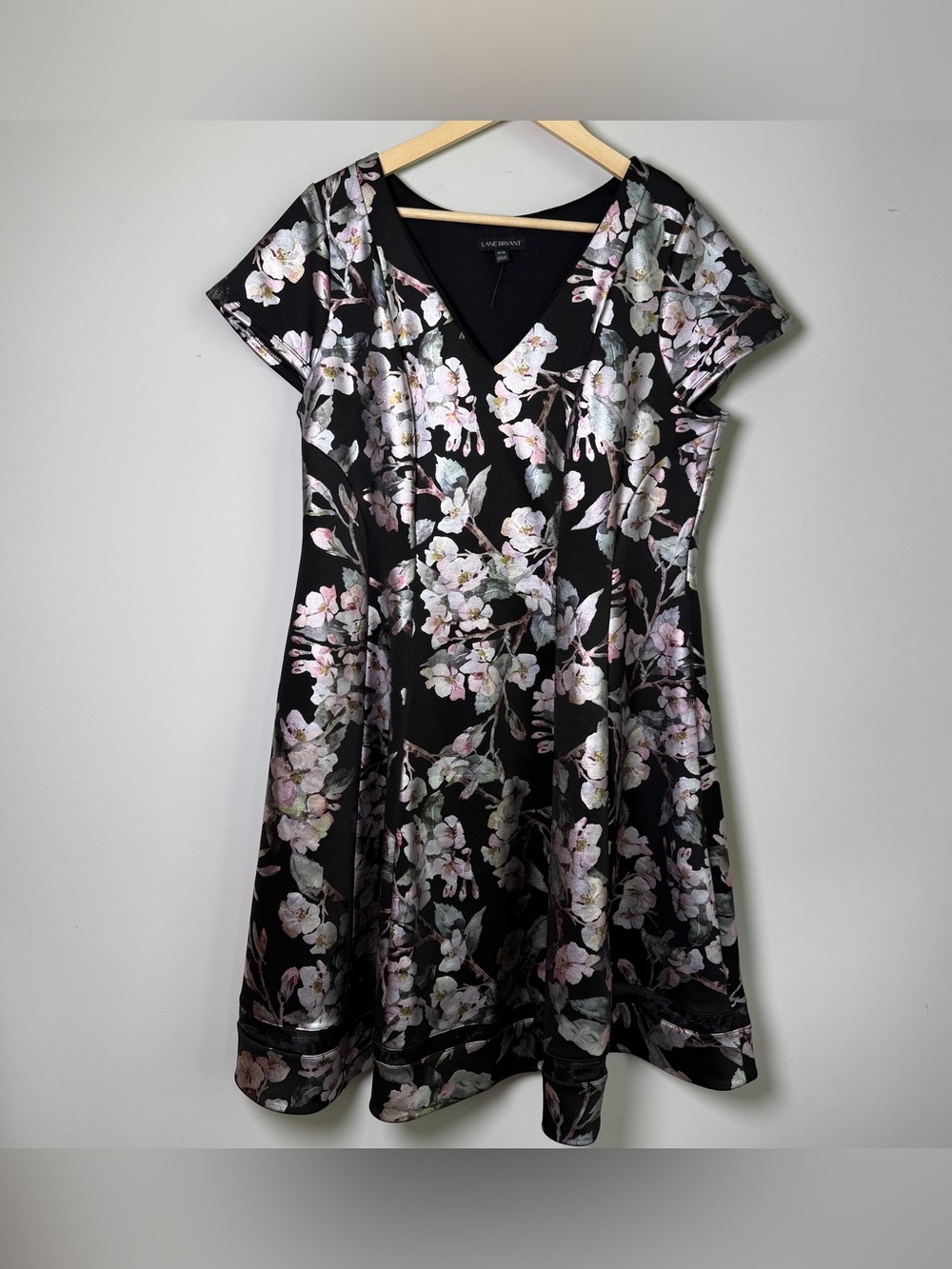 Lane Bryant Metallic Cherry Blossom Fit & Flare Dress 14/16 Black Dark Romance